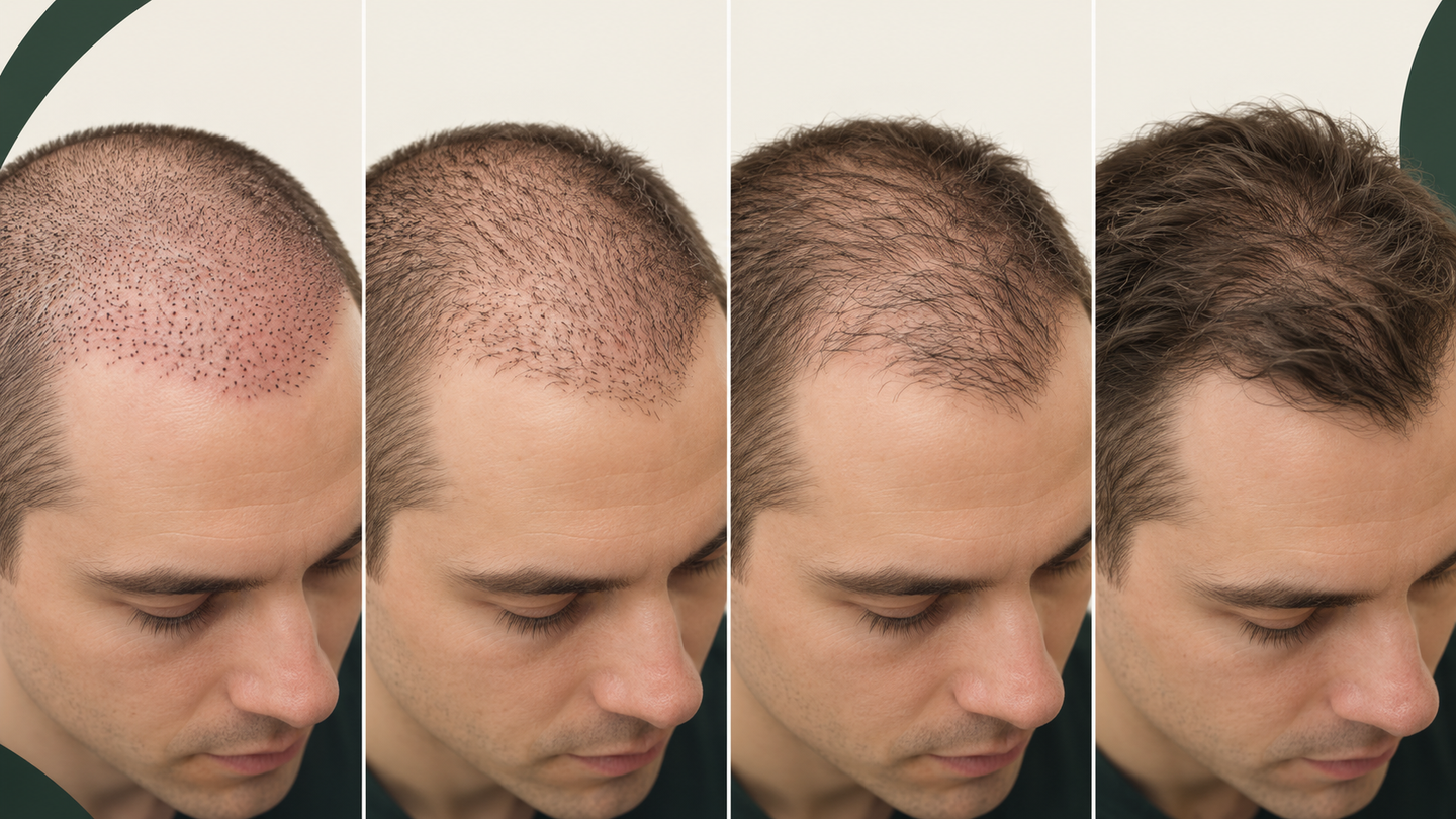 Four-stage illustration of healing and hair growth after a hair transplant