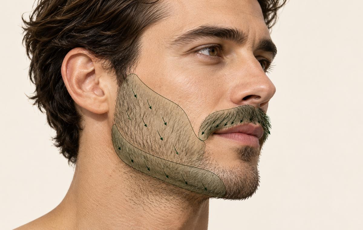 Beard regions and natural hair directions considered in transplant design