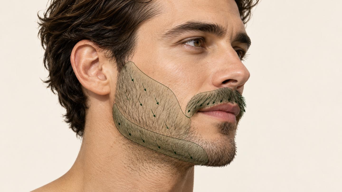 Beard regions and natural hair directions considered in transplant design