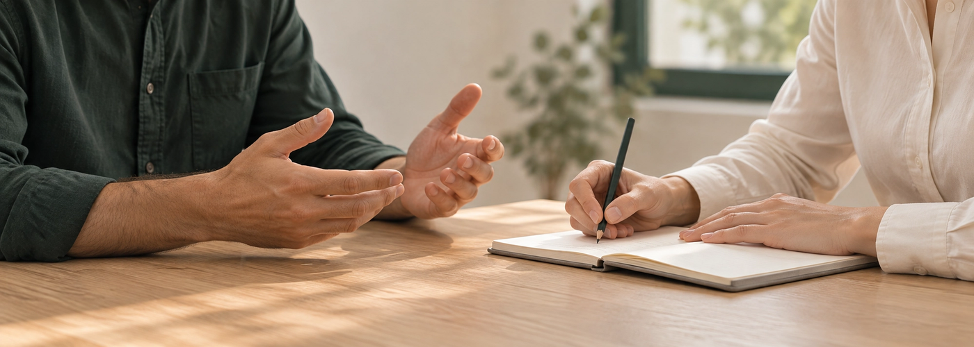 Two people discuss goals during a consultation while one takes notes.