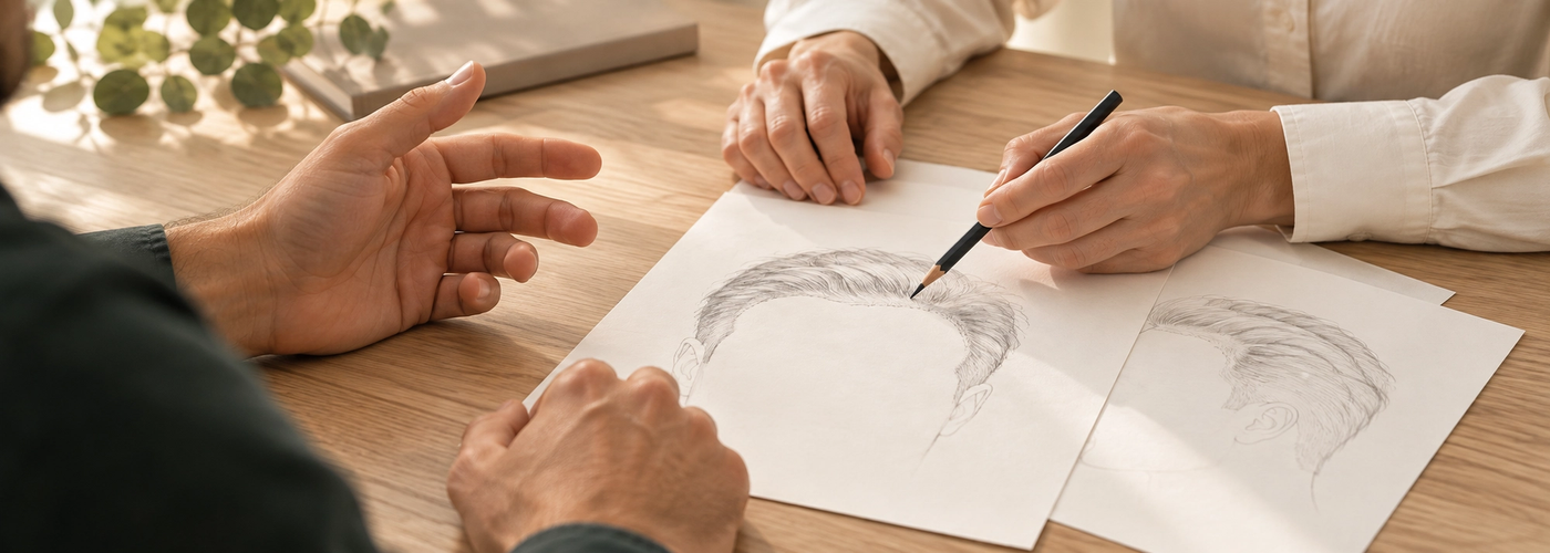 Two people review hand-drawn hairline options together during a consultation.