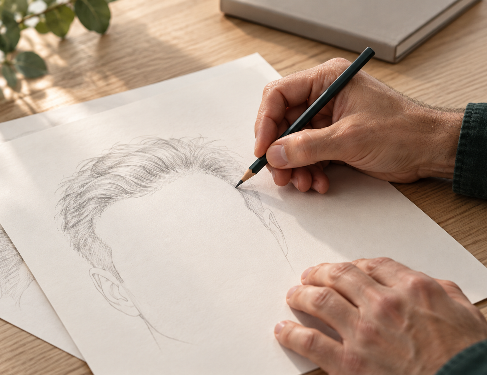 Close-up of a hand sketching a personalised hairline design on paper.