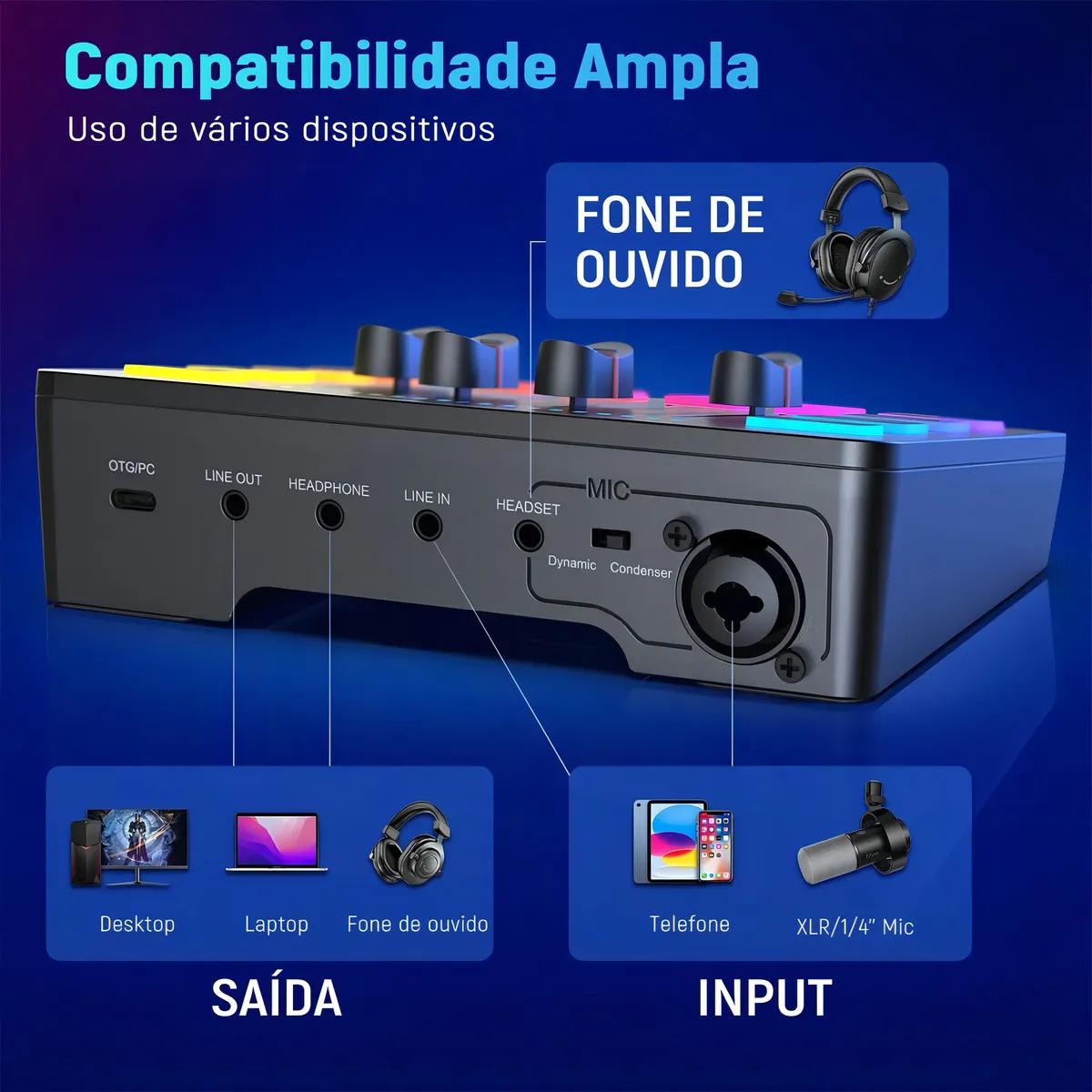 Fifine Gaming Mixer Ampligame SC3 Mesa Audio 4 Canais RGB - view 3