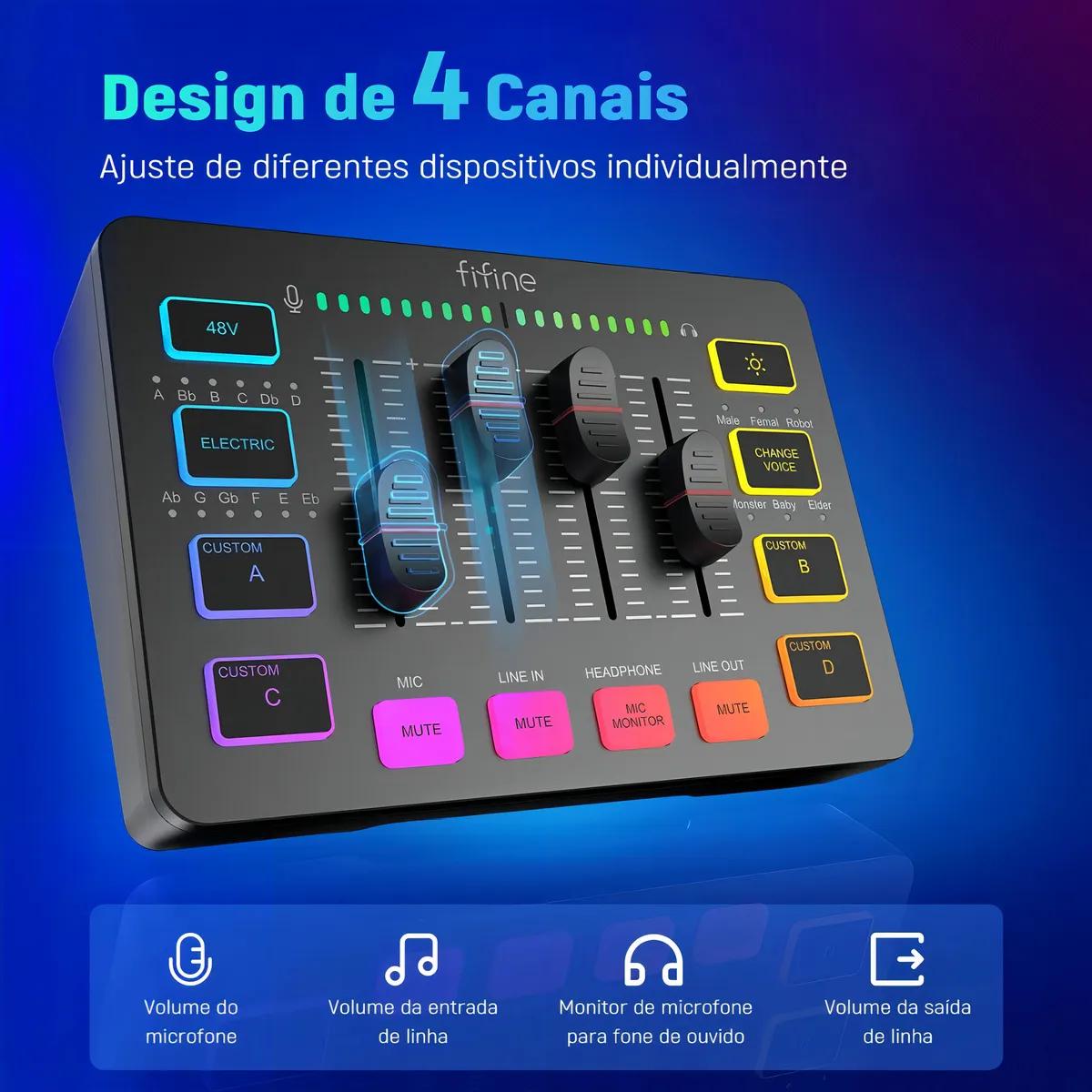 Fifine Gaming Mixer Ampligame SC3 Mesa Audio 4 Canais RGB - view 2
