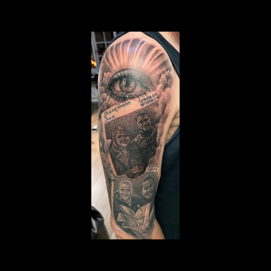 biceps tattoo couple portraits b&g with lily / eye 