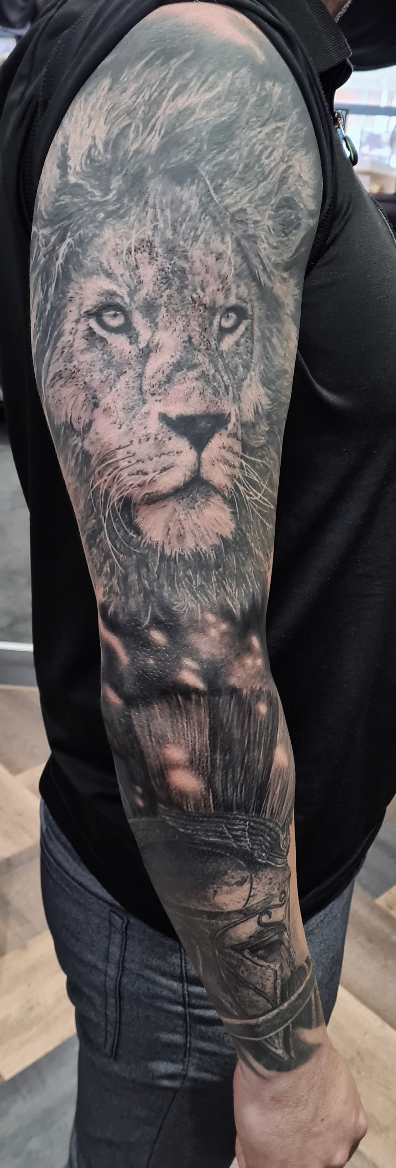 Black & White Lion Sleeve Tattoo 26
