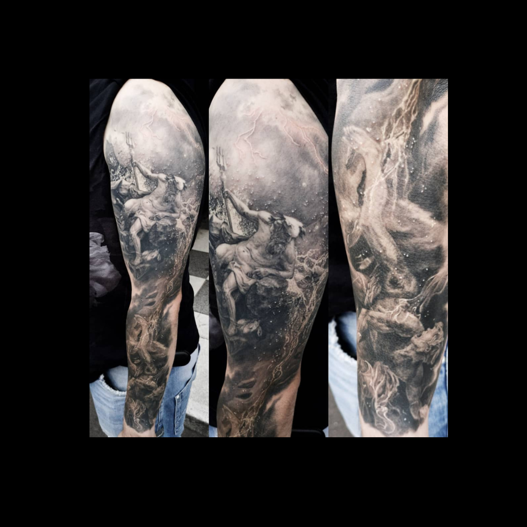 Poseidon black & white tattoo