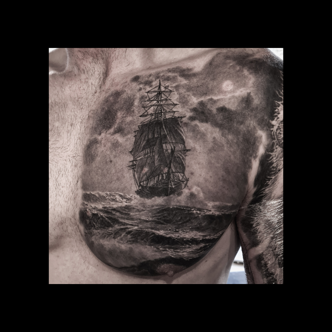  Black & White Ship / sea / moon Tattoo 34