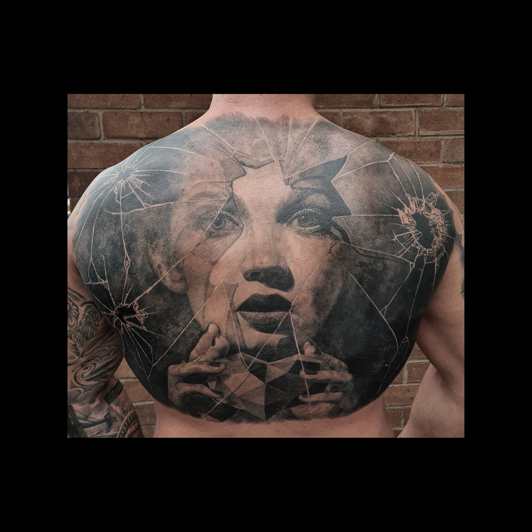 Black & White  bullets in glass Full back Tattoo 23