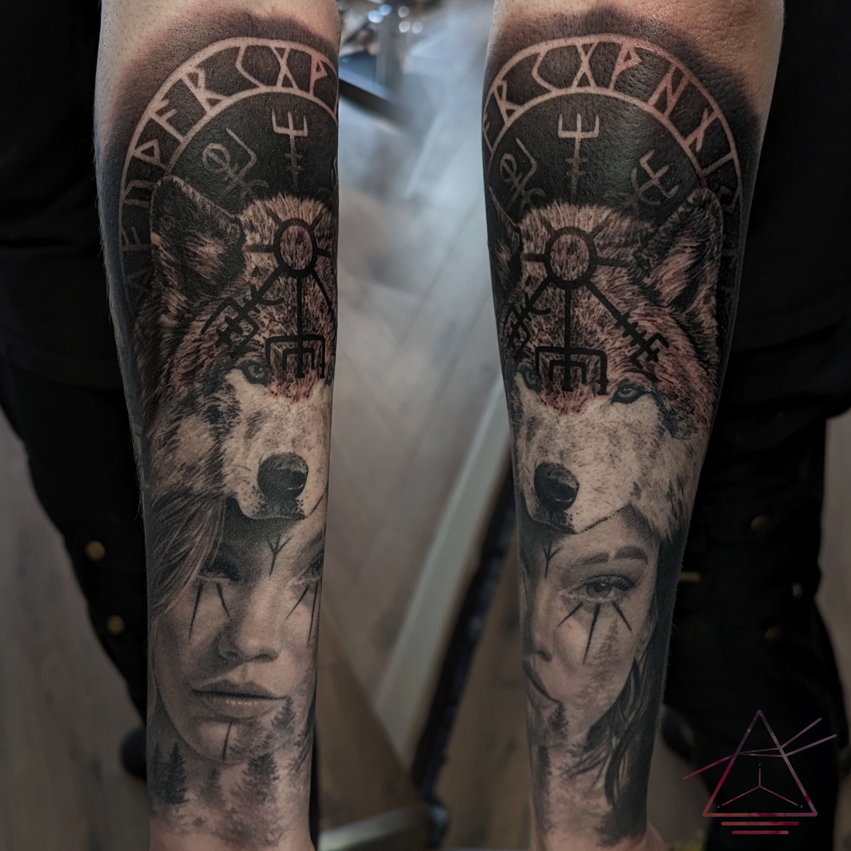 women face, wolf and runes