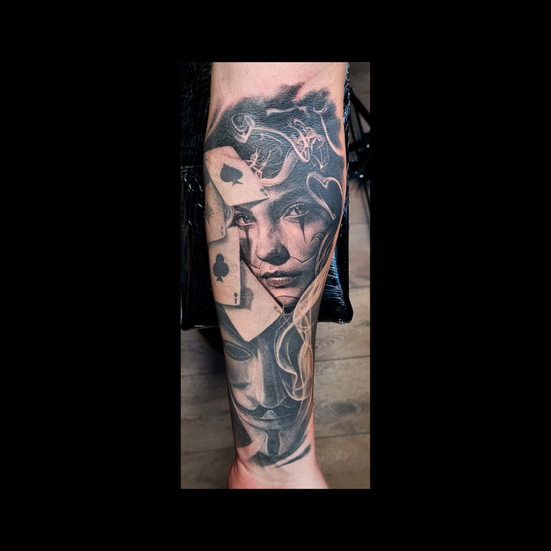 Black & White Girl with playing cards Tattoo 35