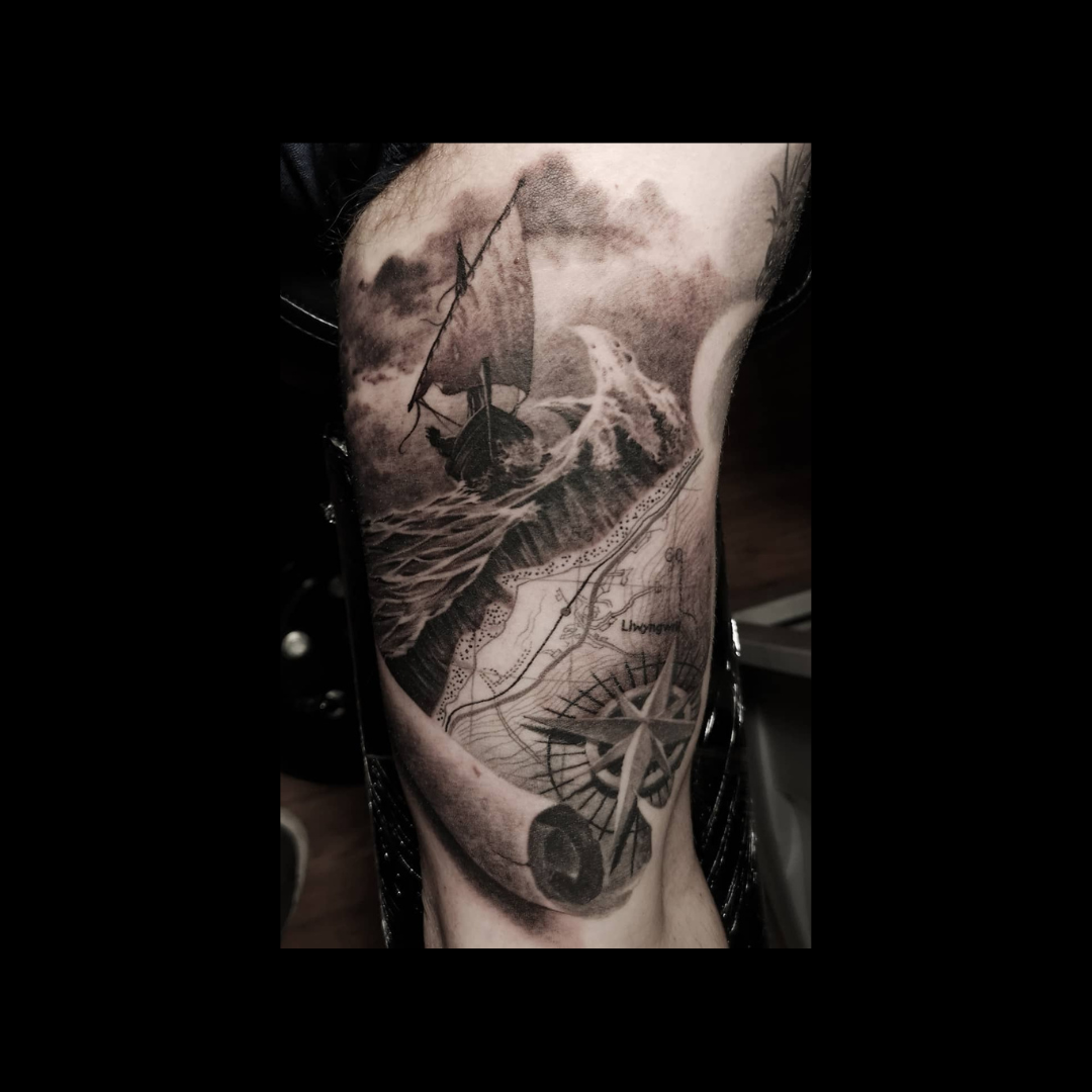 Ship on sea/compas/map tattoo