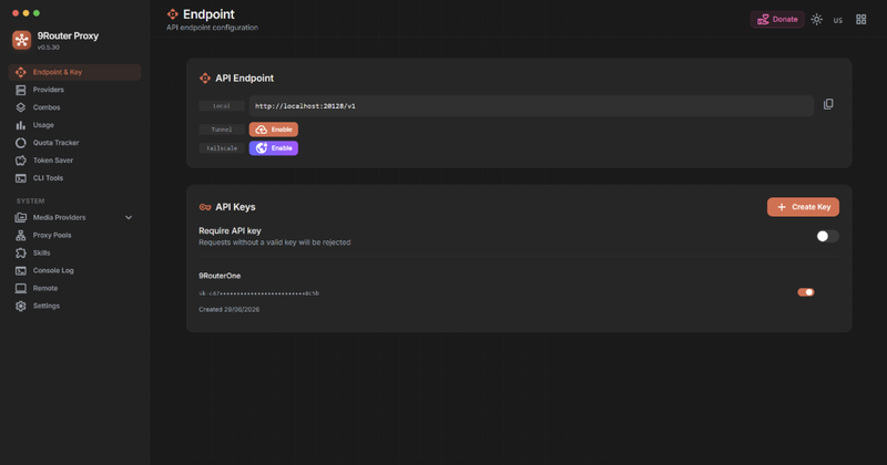 9Router Local Endpoint & API Key Configuration Settings
