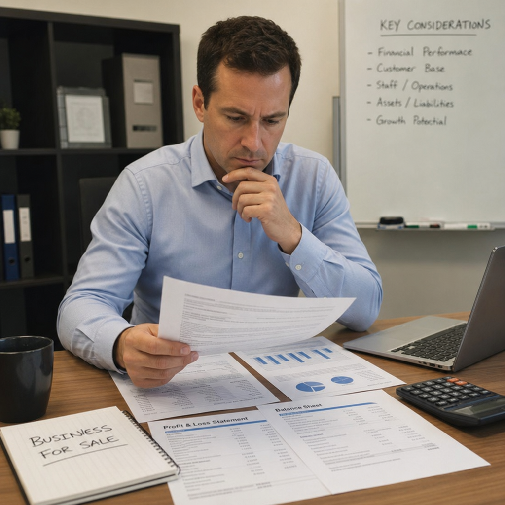 Business buyer reviewing finance documents before purchasing an established business