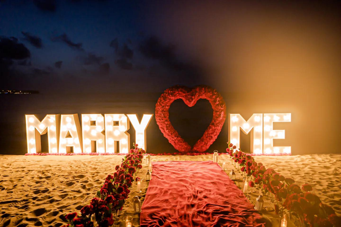 Décor de demande en plein air avec roses rouges et lettres Marry Me lumineuses