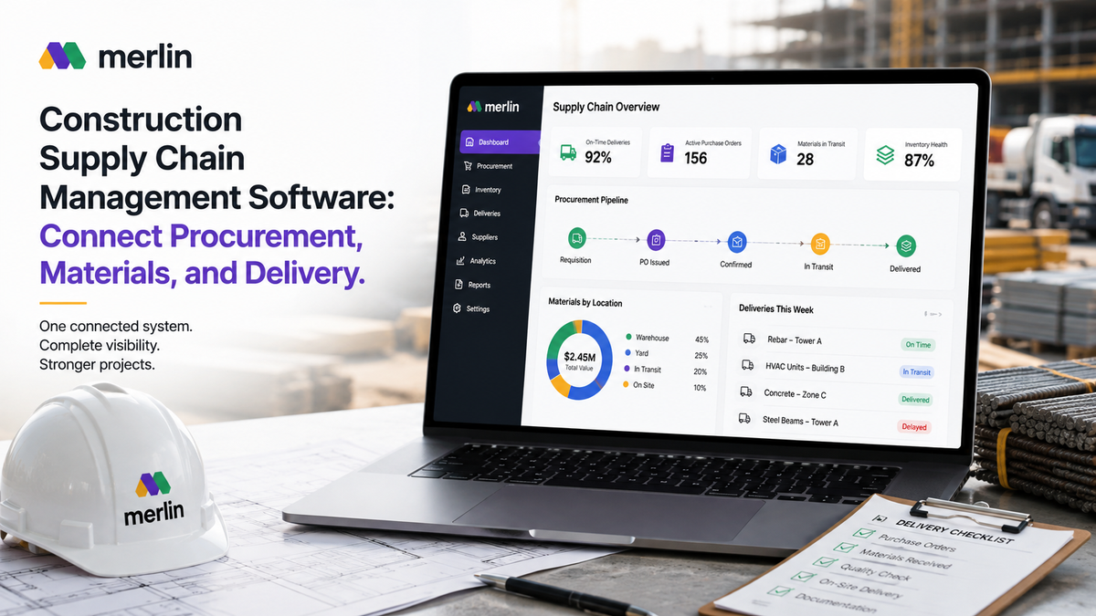 Construction supply chain management software connecting procurement, material tracking, and jobsite delivery