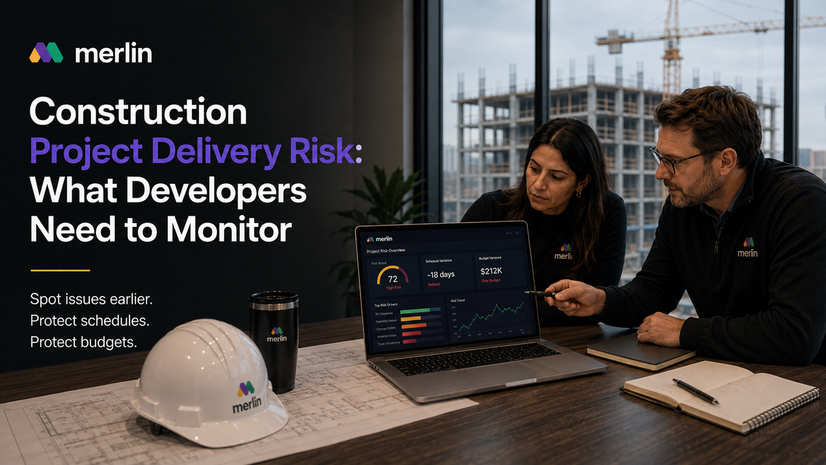 Developer monitoring construction project delivery risks, schedule variance, budget trends, procurement status, and project milestones on a management platform.