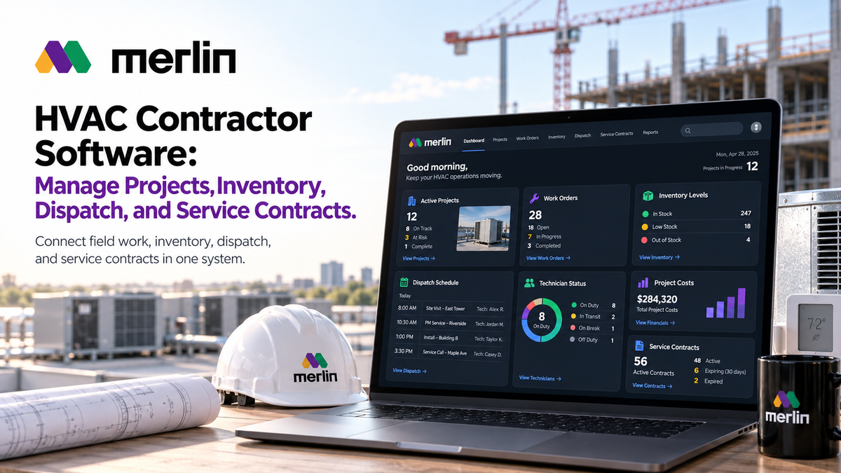 HVAC contractor software dashboard showing project management, inventory, technician dispatch, work orders, and commercial service contracts.
