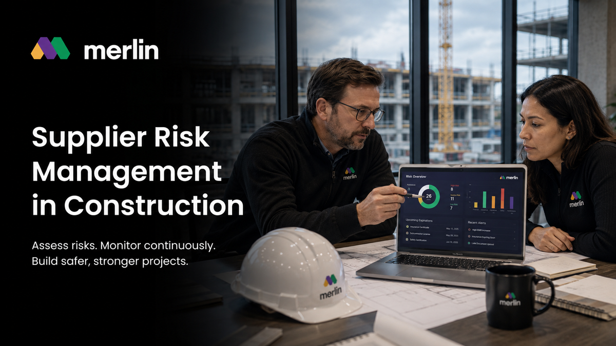 Merlin branded construction professionals reviewing supplier risk data on a laptop dashboard during a project planning meeting