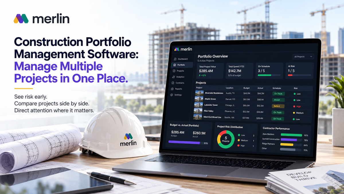 Construction portfolio management software dashboard showing multiple projects, budgets, schedules, funding, risks, and contractor performance.