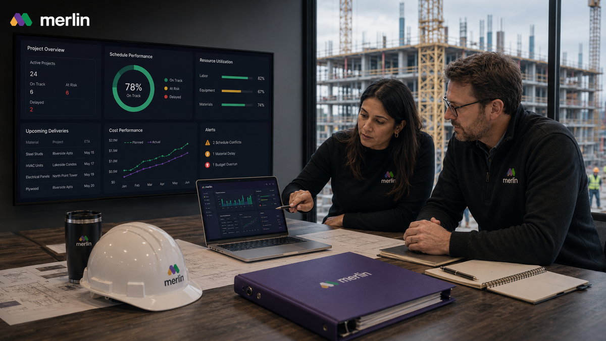 AI operations platform dashboard showing construction resource management, crew scheduling, material tracking, and project monitoring for trade contractors