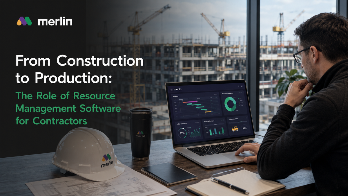 Construction site supervisor reviewing labor, materials, and equipment allocation on a tablet, representing real-time resource management software for contractors