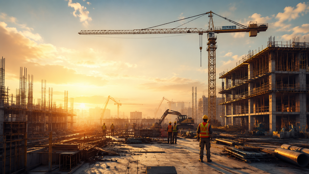 Large construction project with multiple trades on site illustrating supply chain coordination complexity