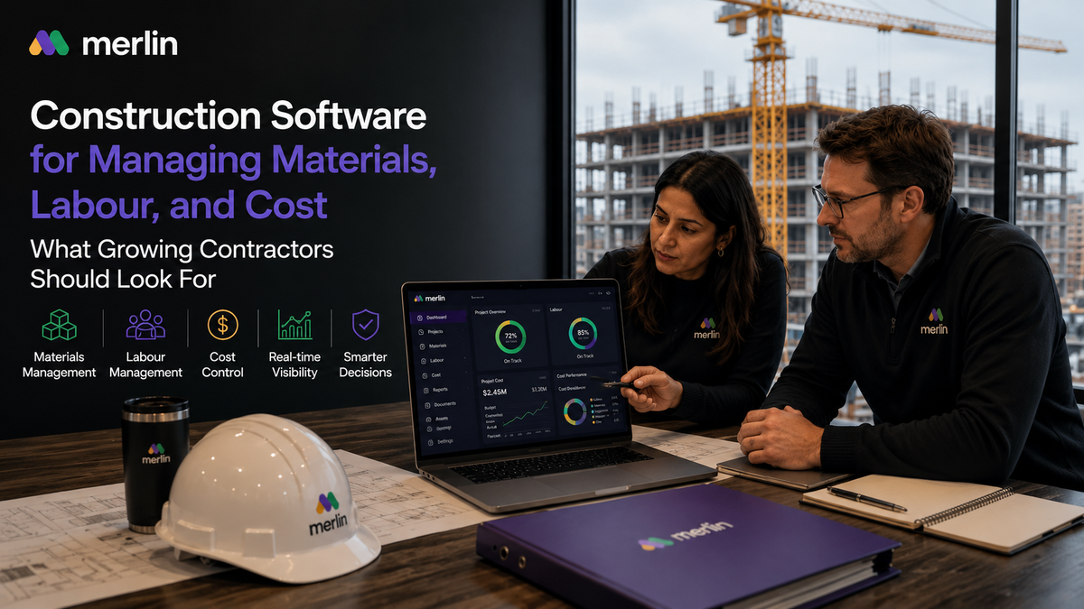 Construction professionals reviewing a construction ERP dashboard that tracks materials, labour, costs, and project performance in real time, with an active construction site visible through the office window.