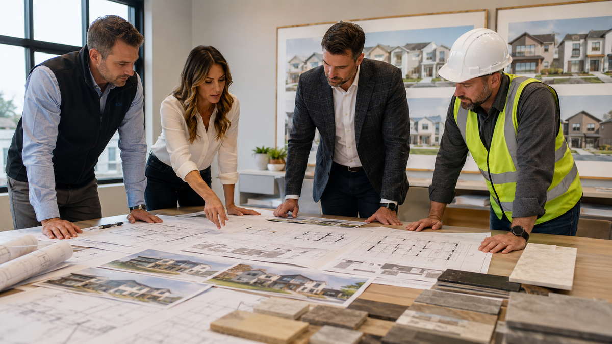 Developer and construction team reviewing standardized specifications, drawings, and material samples for a repeat building project in a modern office.