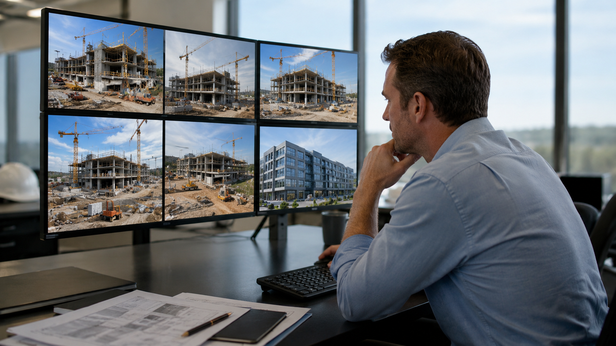 Developer project team reviewing multi-site construction progress dashboards, budgets, schedules, and site updates in a modern office.