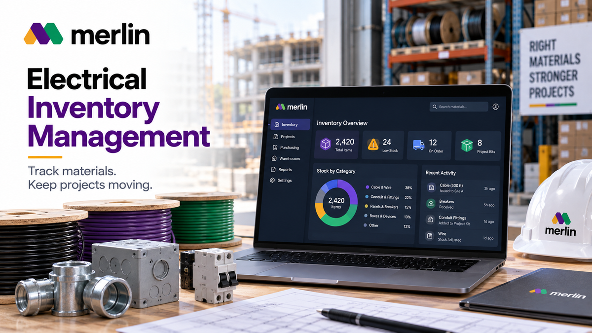 Electrical inventory management software tracking cable stock, prefab kits, material movements, and project costs