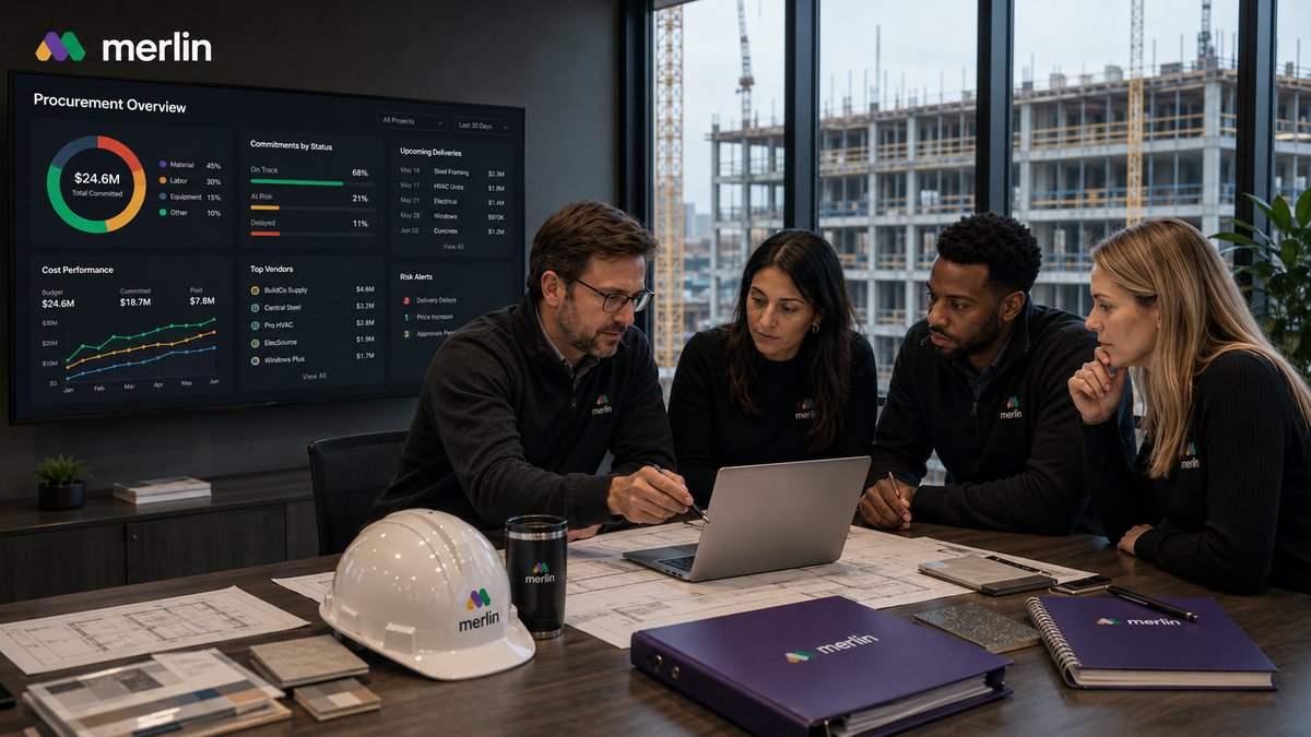 Developer using construction procurement software to manage vendors, purchase orders, project schedules, and delivery risks across multiple projects