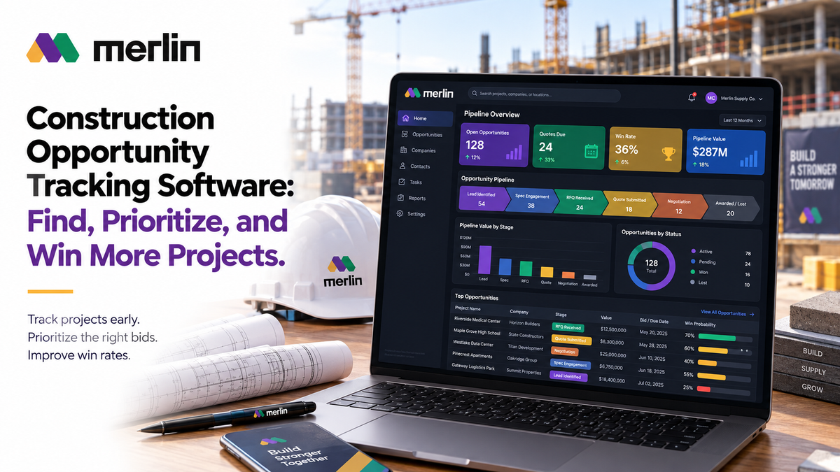 Construction opportunity tracking software showing supplier project opportunities, RFQs, bid stages, pipeline value, and win rates.