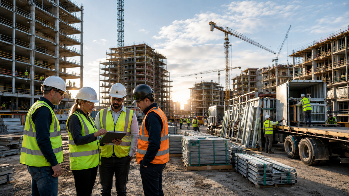 Construction supplier team reviewing project procurement details on site with materials, RFQs, and active building work in the background.