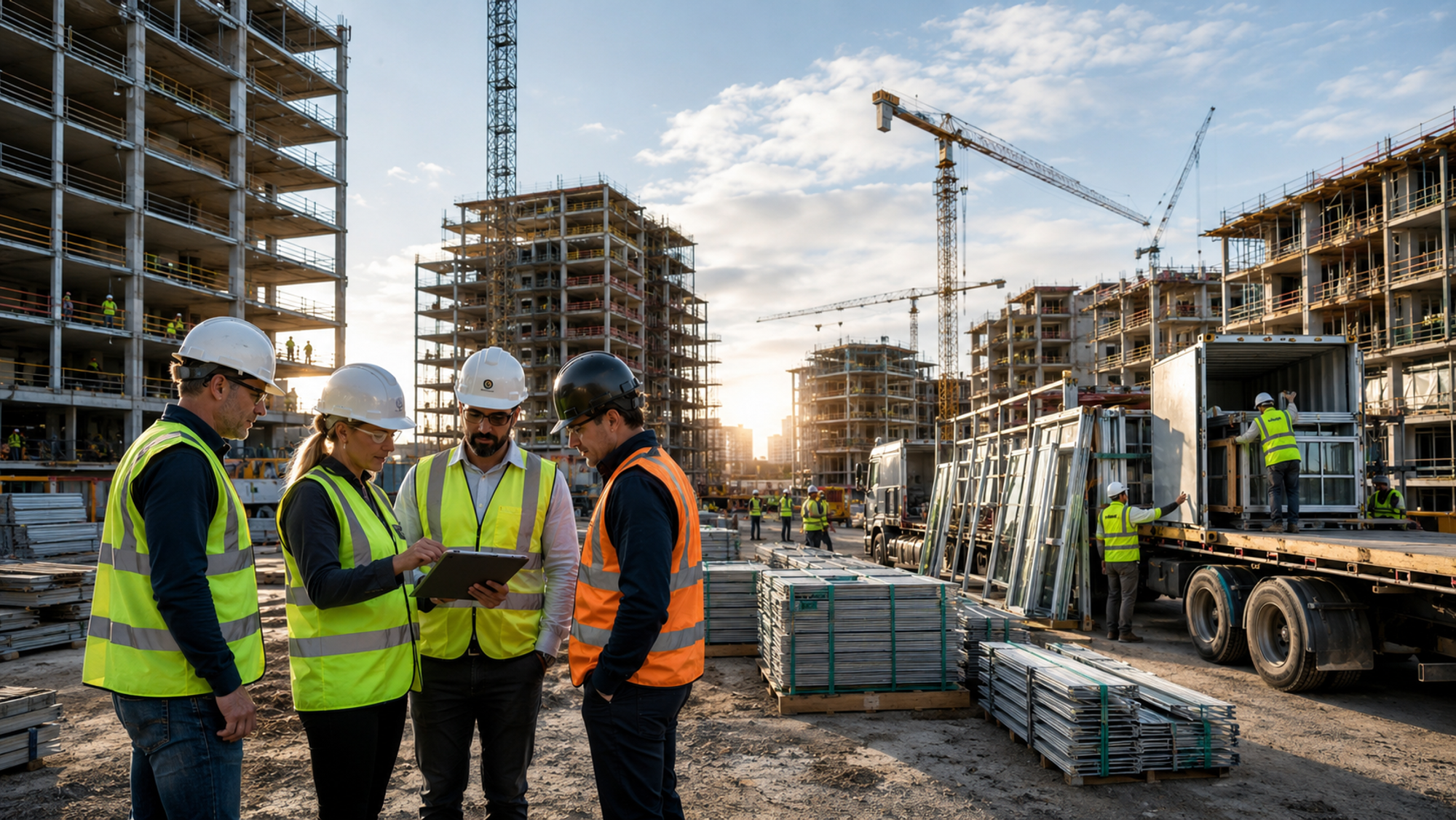 Construction supplier team reviewing project procurement details on site with materials, RFQs, and active building work in the background.
