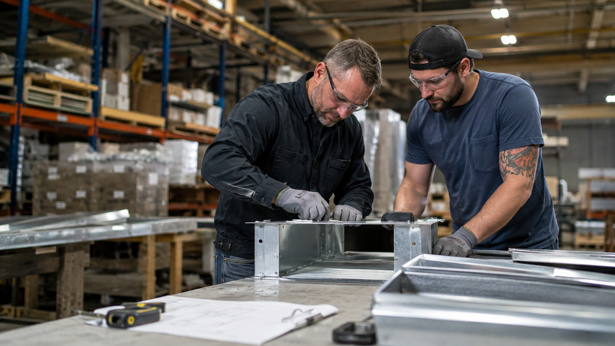 Fabrication shop workers assembling metal components at a workbench while coordinating production work for scheduled jobsite delivery.