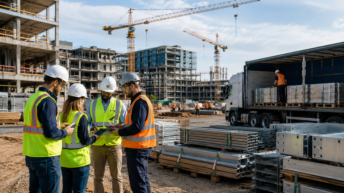 Construction suppliers reviewing RFQ details with a project team on site, with materials, procurement documents, and active building work nearby.