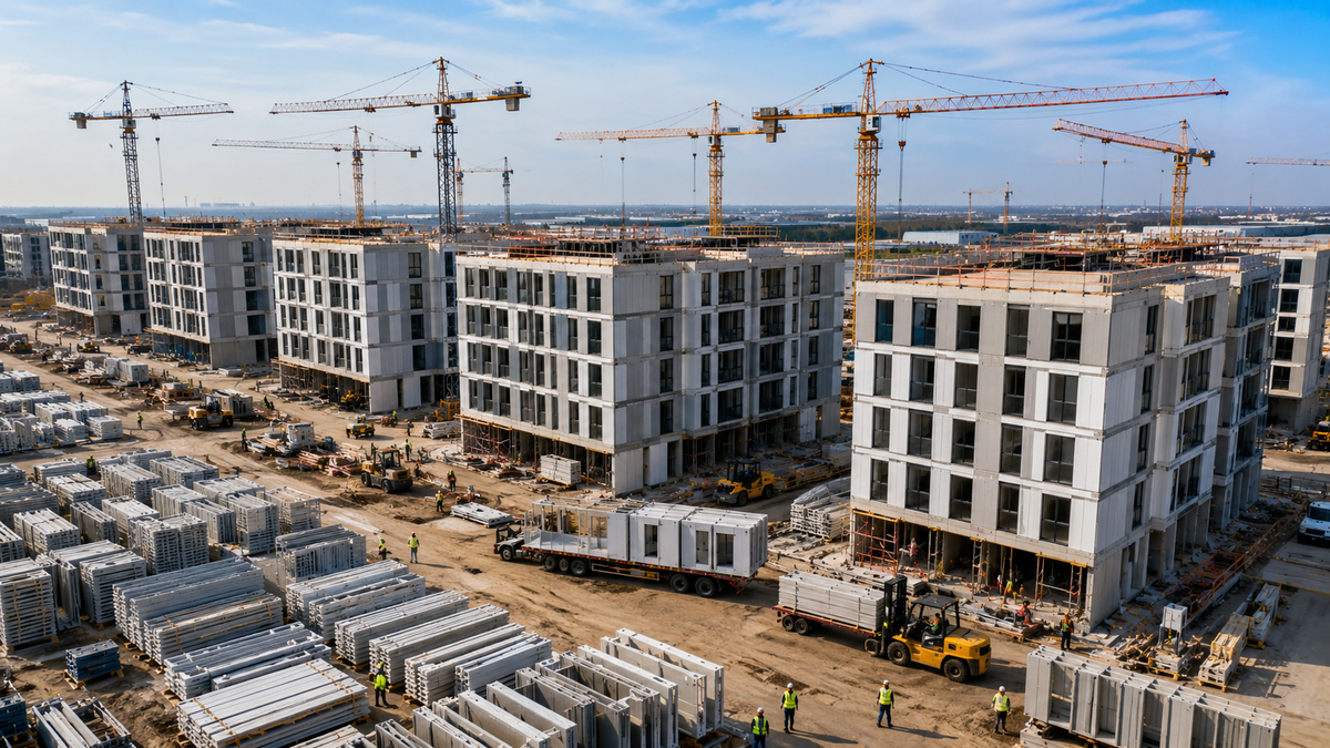 Construction suppliers and project team reviewing RFQ details on site beside stacked materials, delivery truck, cranes, and active building work.