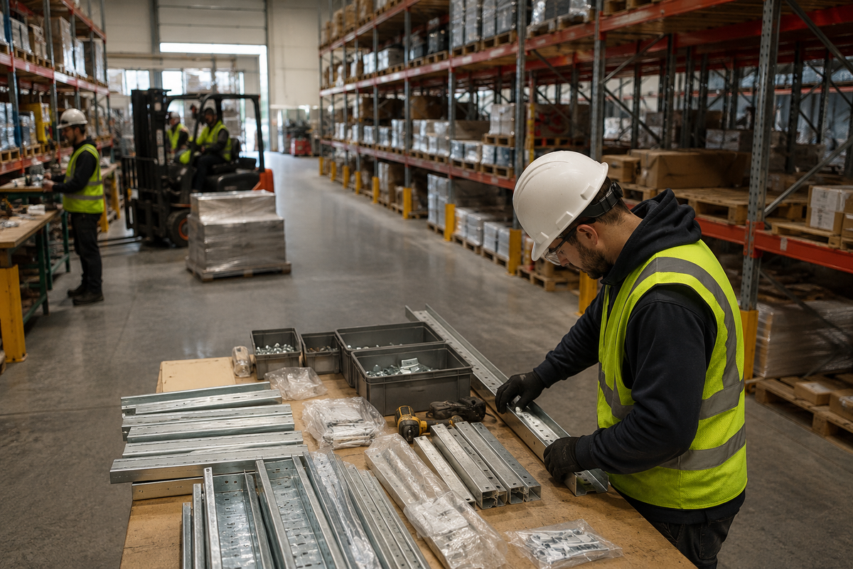 Contractor warehouse team managing construction materials, inventory shelves, work orders, and site deliveries in a controlled warehouse operation.