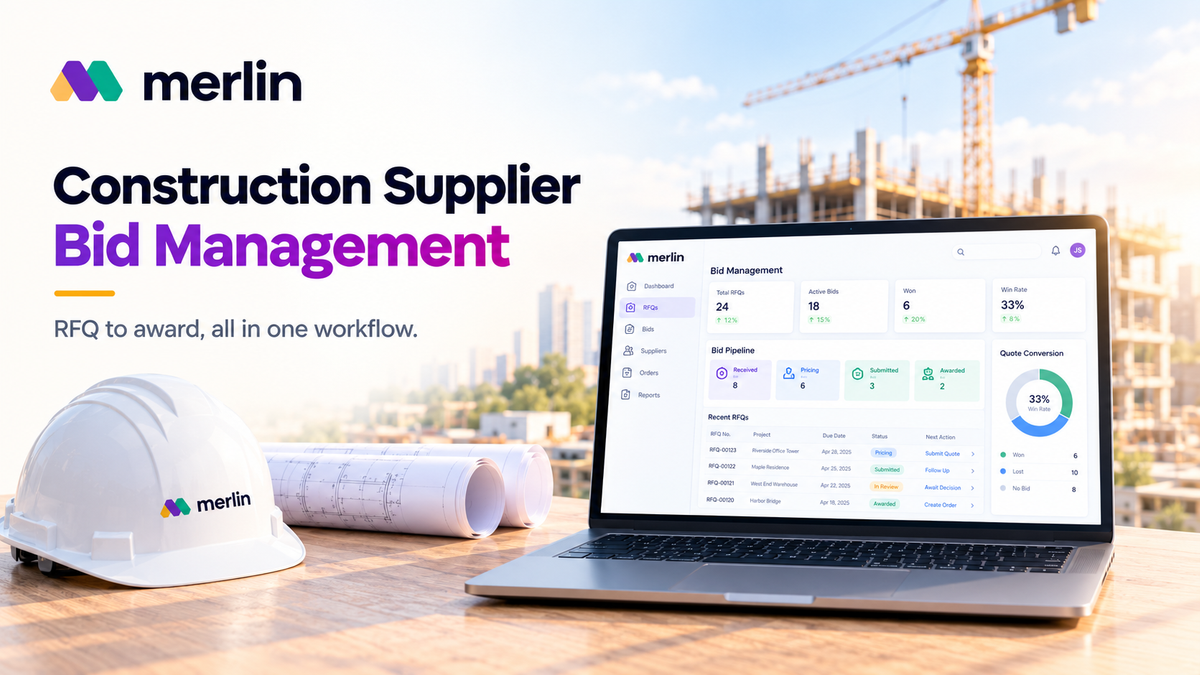 Merlin AI ERP bid management dashboard on a laptop showing RFQs, active bids, quote conversion, and bid pipeline statuses, with a branded hard hat and construction blueprints against a building site backdrop.