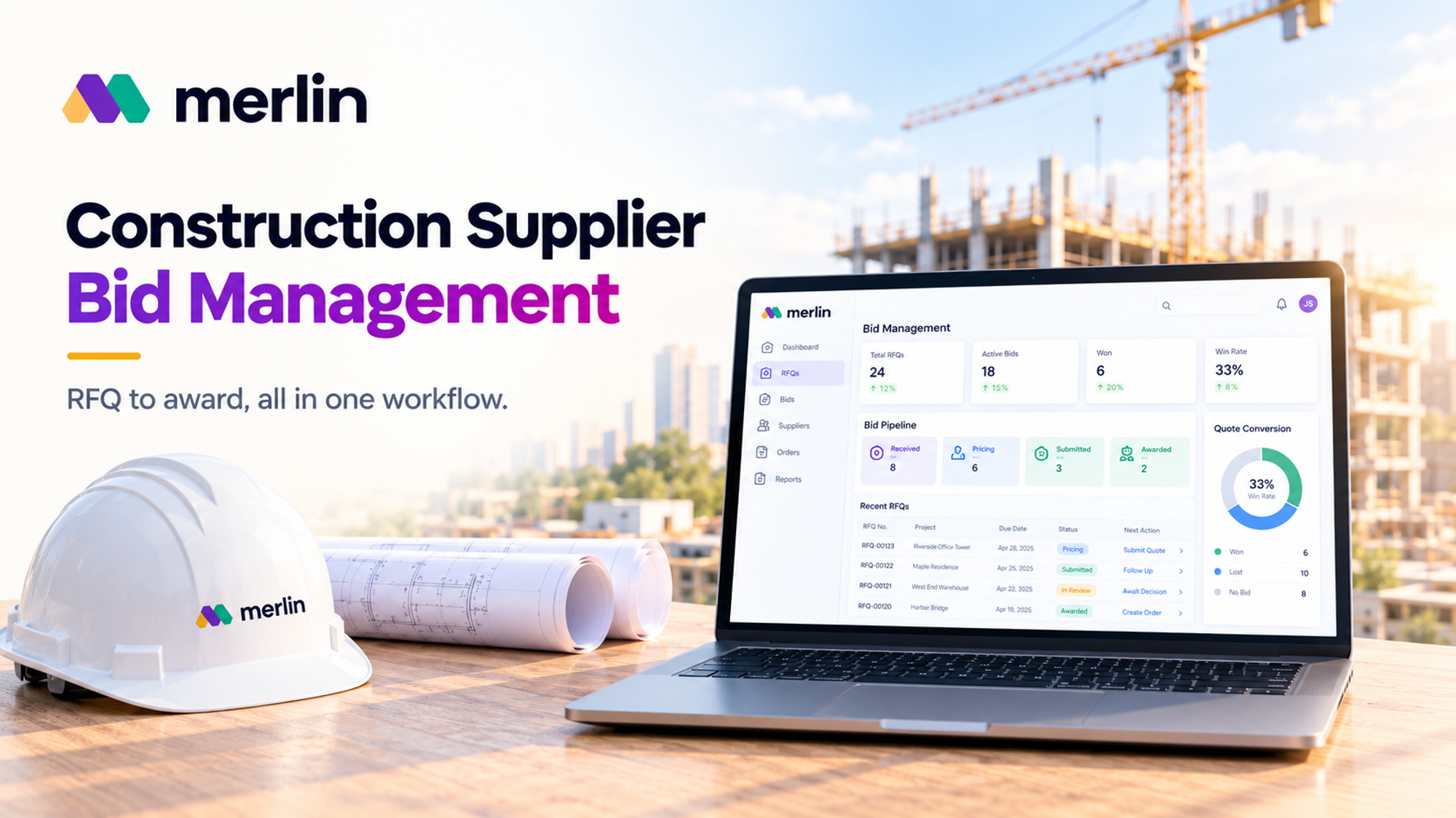 Merlin AI ERP bid management dashboard on a laptop showing RFQs, active bids, quote conversion, and bid pipeline statuses, with a branded hard hat and construction blueprints against a building site backdrop.
