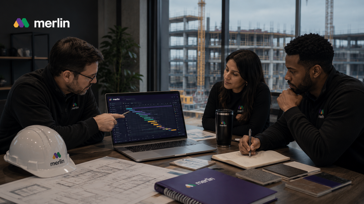 Construction project manager reviewing an AI-generated schedule sequence for a repeatable modular building program