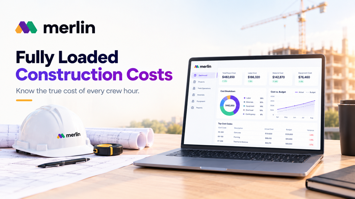 Merlin AI ERP construction cost dashboard displayed on a laptop beside a branded hard hat, blueprints, and calculator at a construction site, illustrating fully loaded labor, material, equipment, and overhead costs.