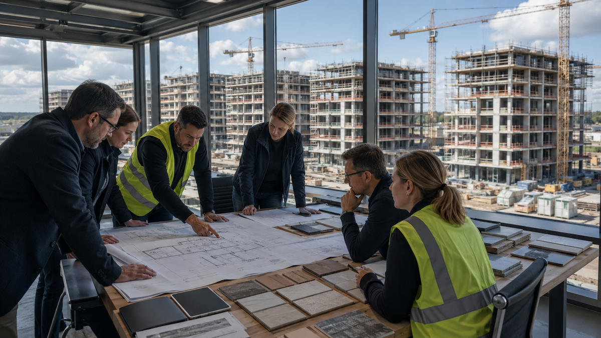 Construction developers and project teams reviewing repeat building plans, supplier materials, and delivery schedules across a project portfolio.