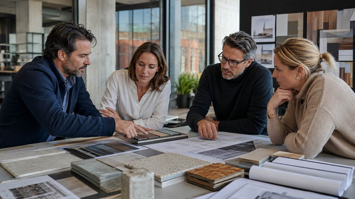 Building product supplier reviewing material samples, technical documents, and project specifications with architects in a modern design office.