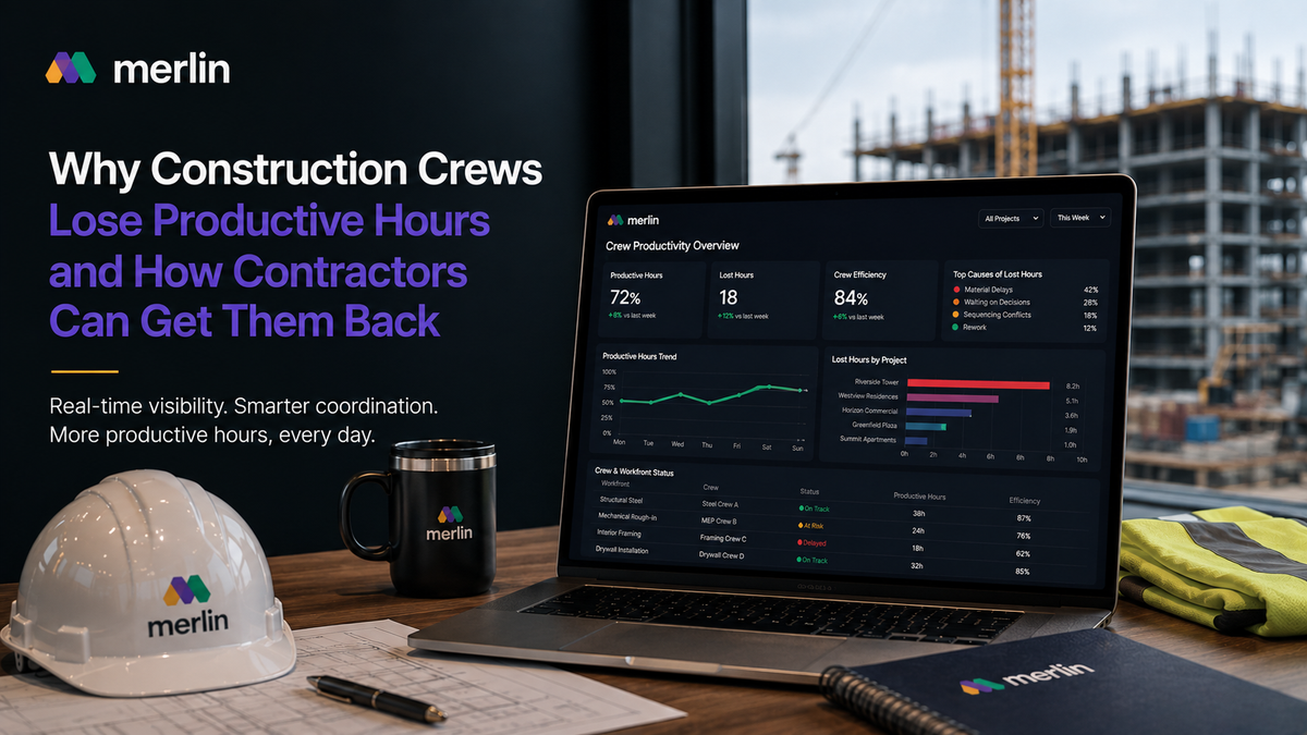 Construction crew facing downtime due to material delays while a contractor monitors labour, materials, and scheduling on an operations platform.