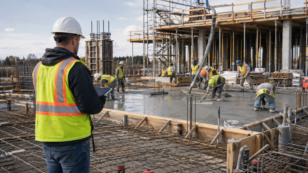 General contractor self-perform crew managing materials, labour, and work orders on a construction site with coordinated production workflow.