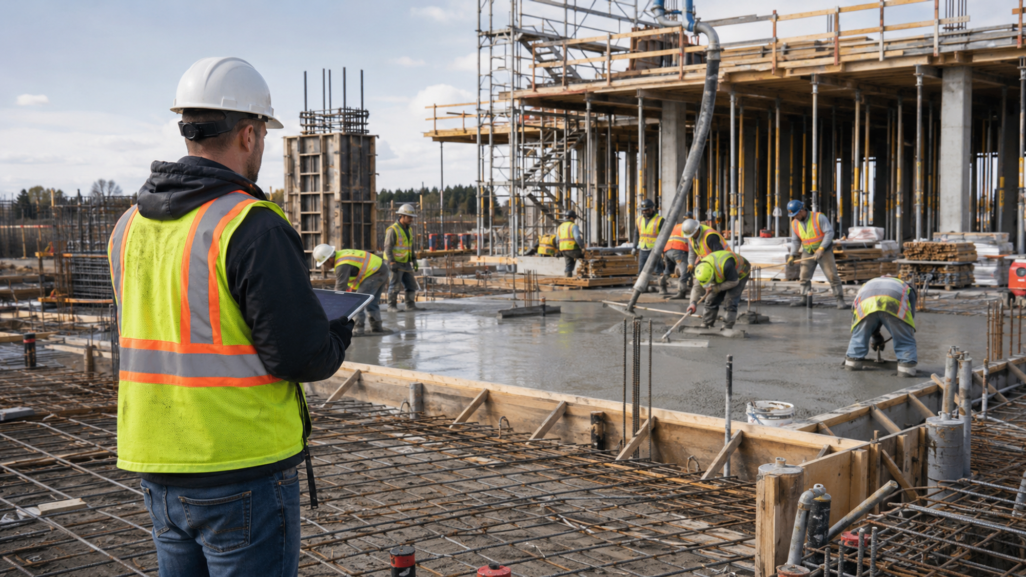 General contractor self-perform crew managing materials, labour, and work orders on a construction site with coordinated production workflow.