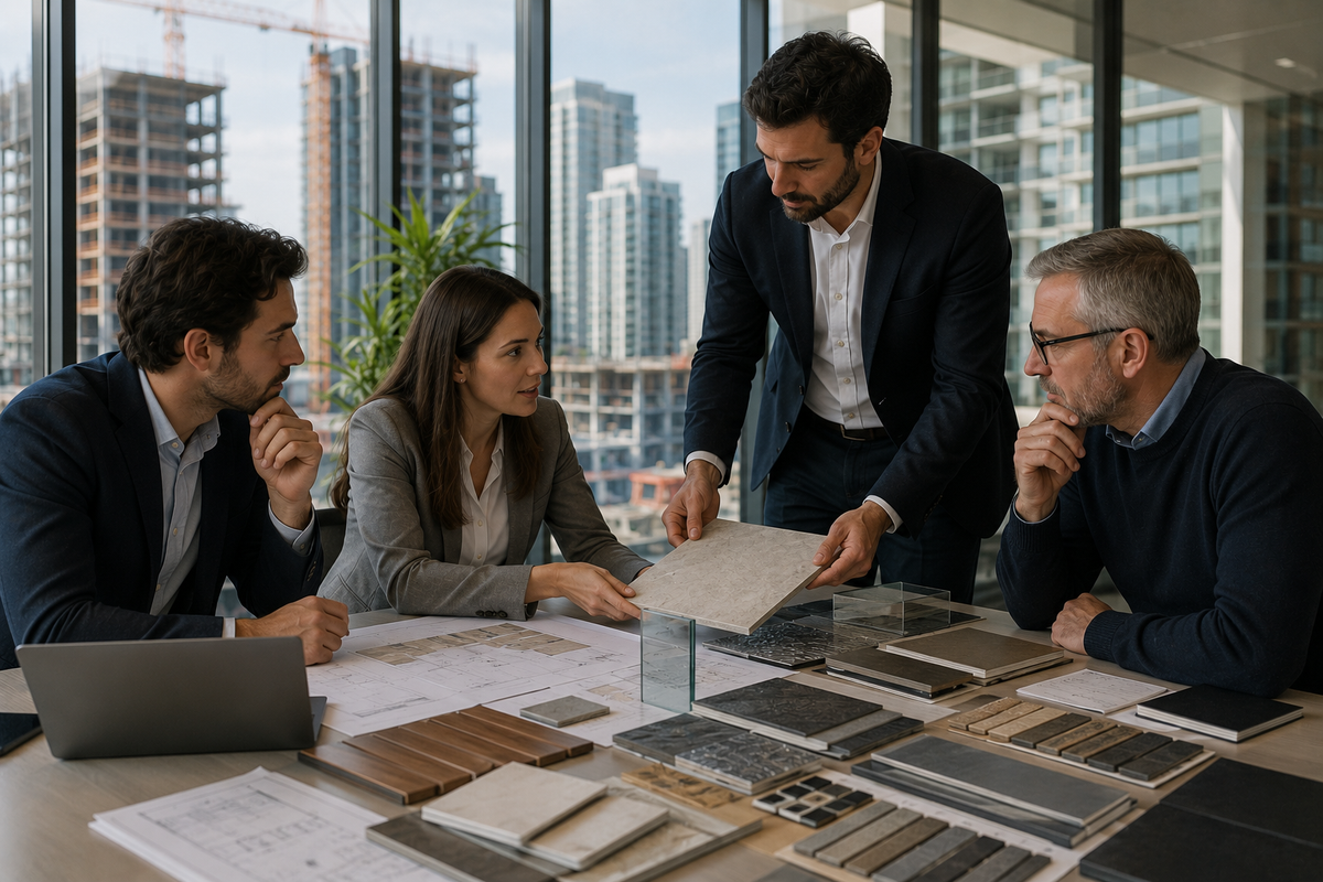 Building product sales team reviewing material samples, specifications, and project plans with developers in a modern construction office.