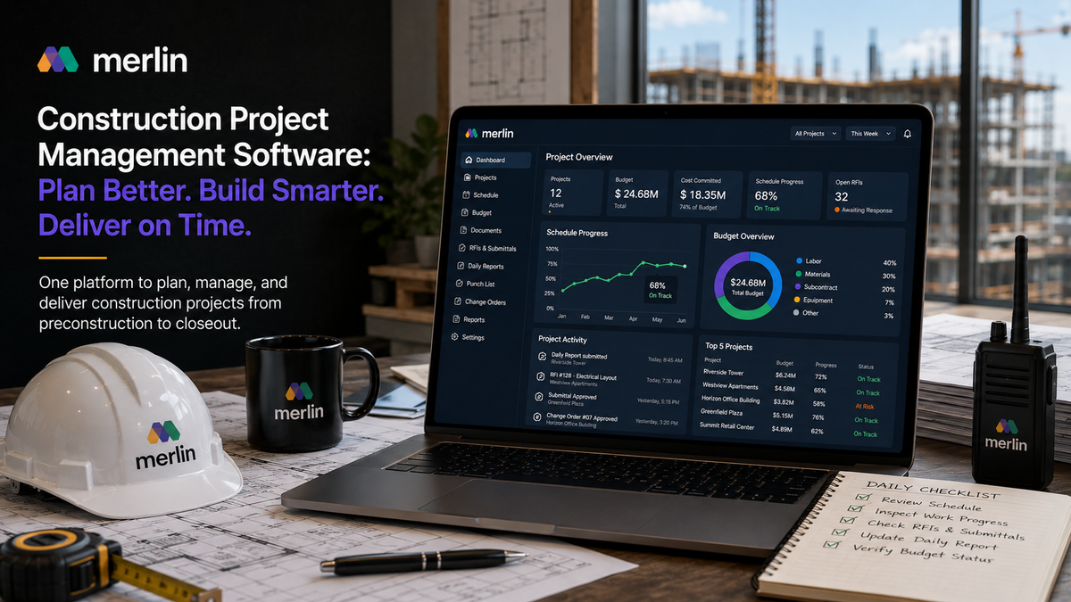 Construction project management software connecting schedules, budgets, documents, and field operations